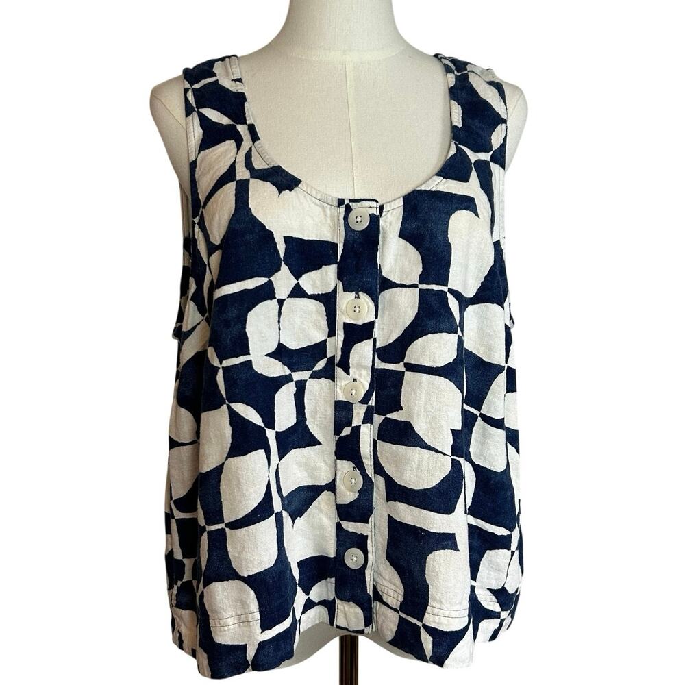 Sonoma Blue White Geometric Linen Blend Sleeveless Top XL Preppy Boho Resort